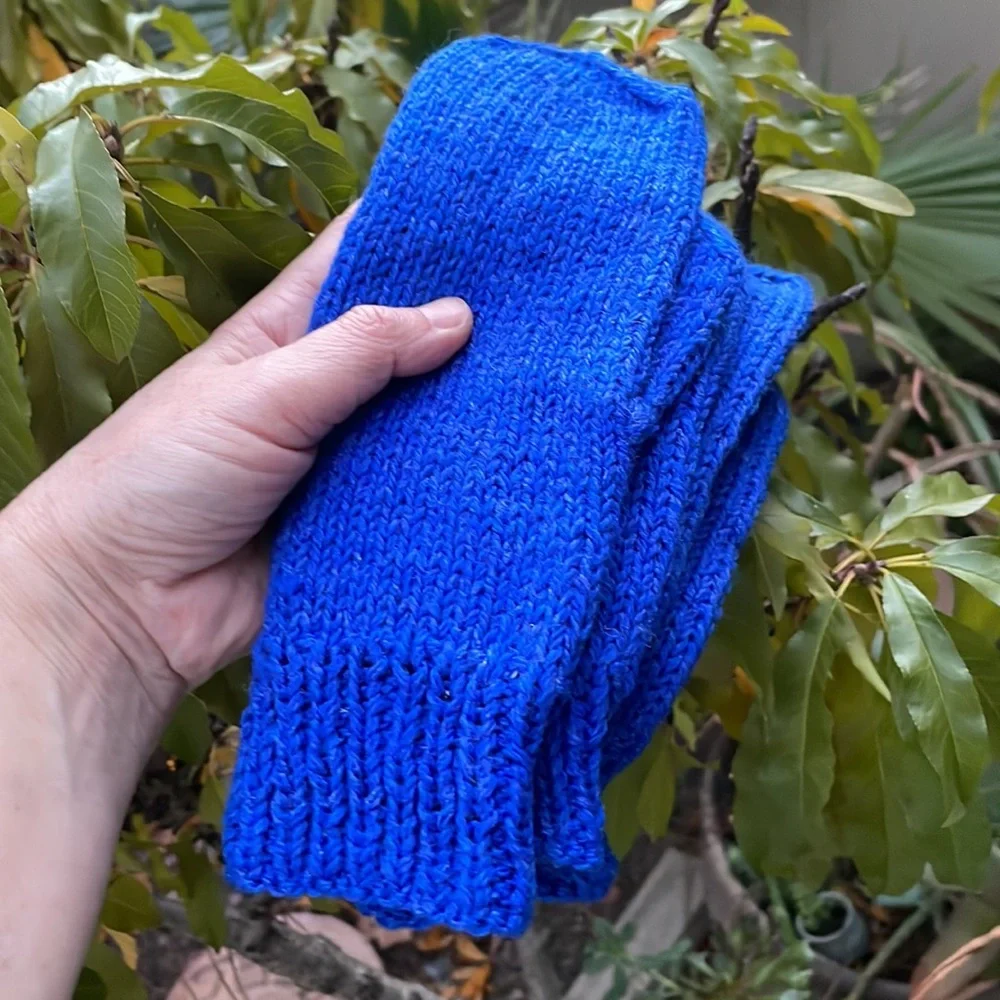 Royal blue hand knitted wool mittens